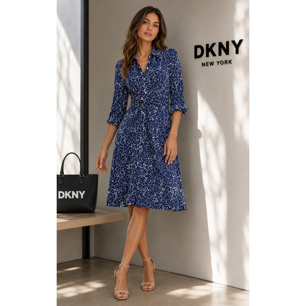 DKNY Womens New Fit & Flare Dress US 4‎ Floral Ruched Shirt Blue White DD5AWG24